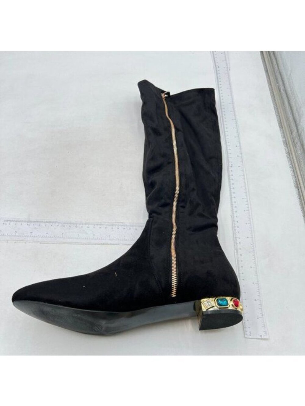 Women Fashion Studded Crystal Heel Knee High Boots Closed Pointed Toe Flat Black